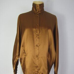 Vtg Stefano Studio Women 4 Brown High Neck 100% Silk Shirt Covered Buttons S 80s